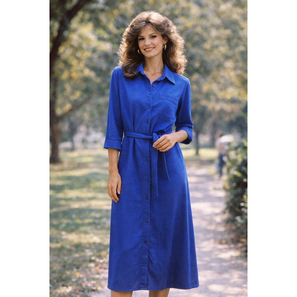 Schrader Vintage 70s Royal Blue Midi Dress Button Down with Waist Tie Size 10